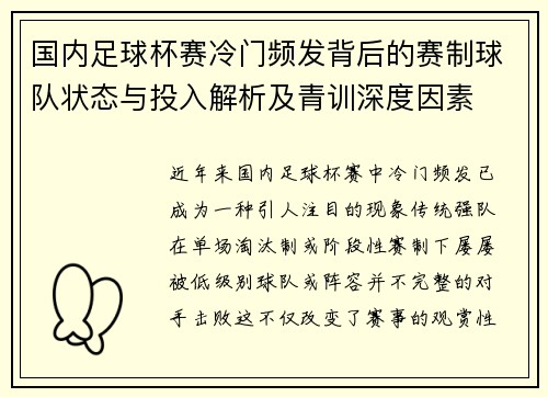 国内足球杯赛冷门频发背后的赛制球队状态与投入解析及青训深度因素