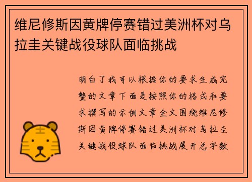 维尼修斯因黄牌停赛错过美洲杯对乌拉圭关键战役球队面临挑战 维尼修斯因黄牌停赛错过美洲杯对乌拉圭关键战役球队面临挑战